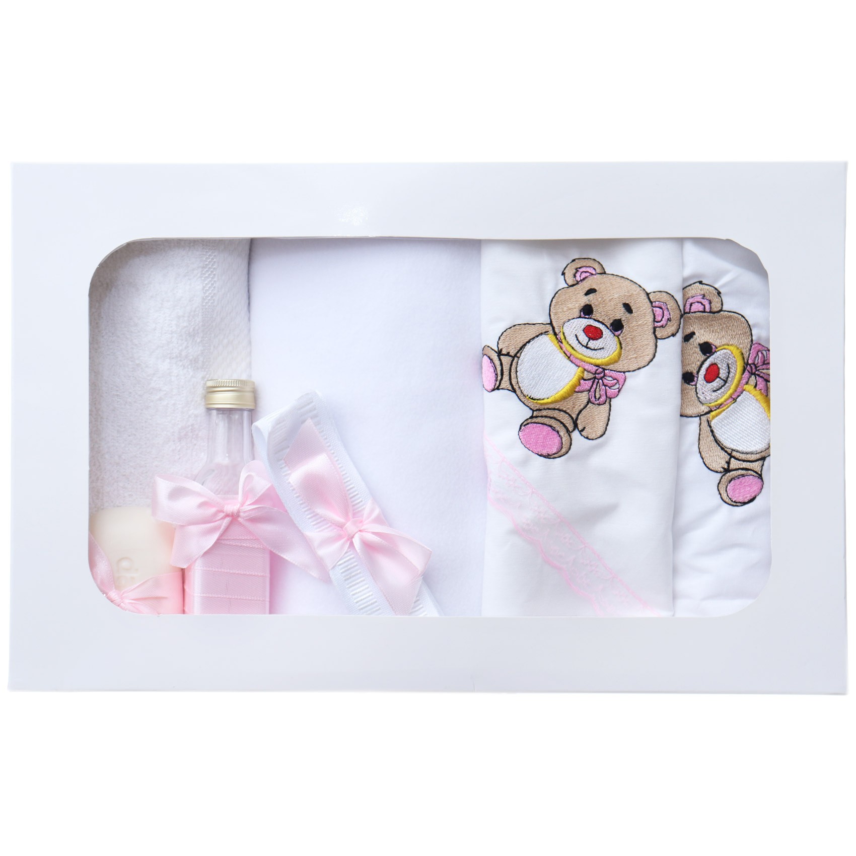 Trusou cu ursulet brodat pentru botez de fete, 7 piese, roz, Recostore®, REC2193 - imagine 4