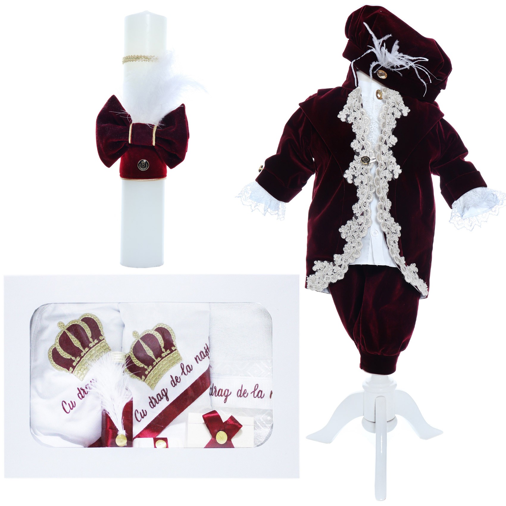 Trusou Micul Printisor pentru botez de baieti, costum visiniu, lumanare cu papion, 12 piese, Recostore®, REC2300 - imagine 12