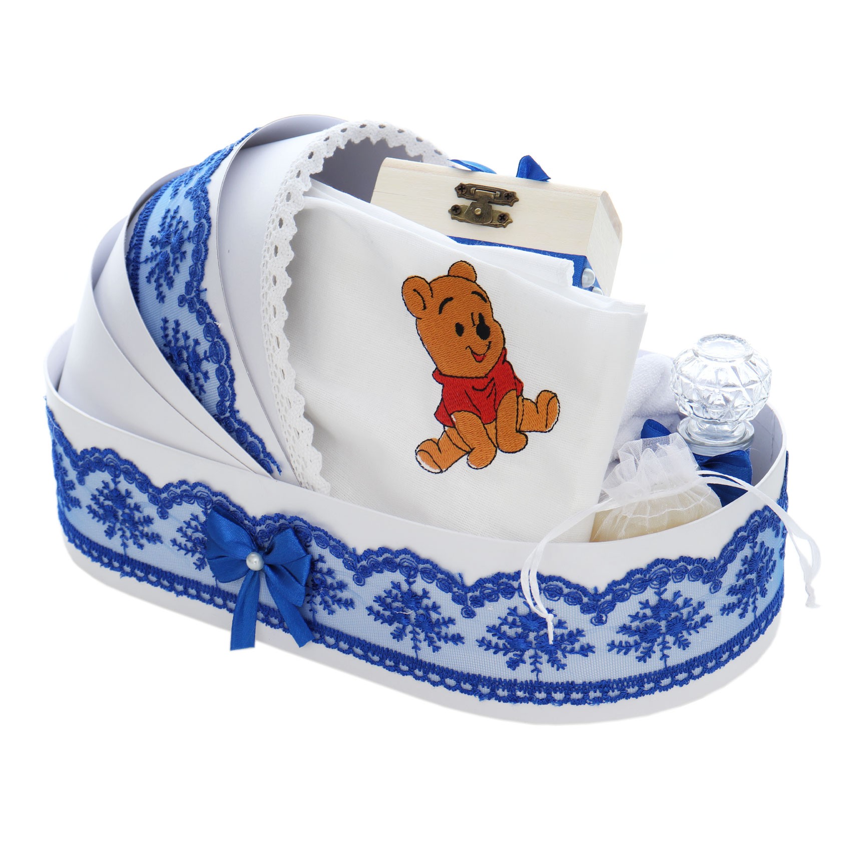 Trusou tip landou pentru botez de baieti, Model brodat cu Winnie The Pooh, albastru electric, 8 piese, Recostore®, REC5005/9 - imagine 7