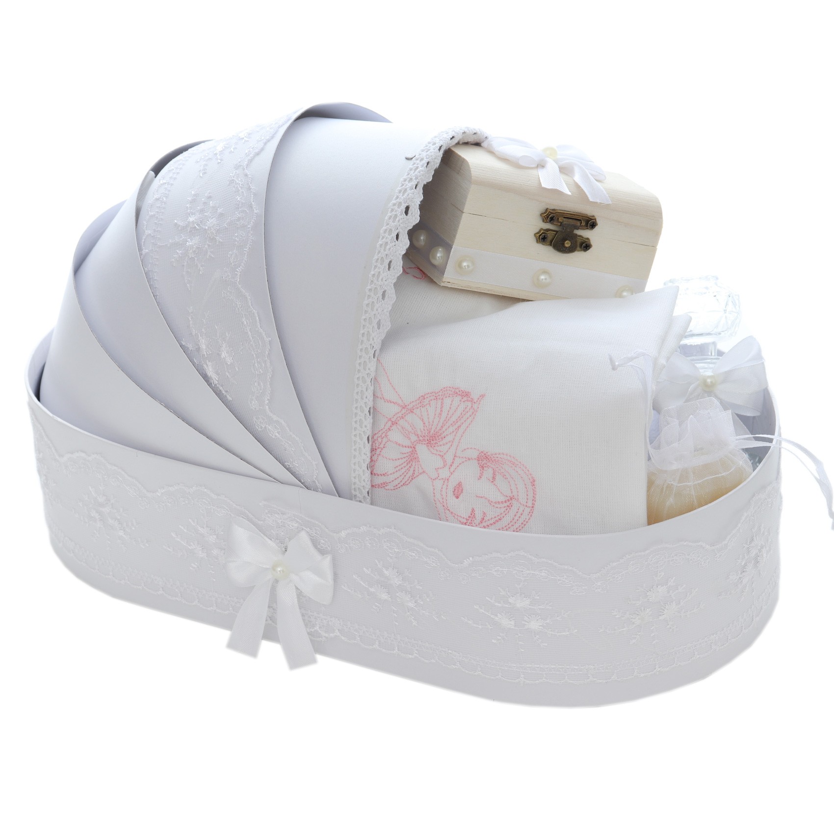 Trusou tip landou pentru botez de fete, Model brodat cu Balerina, alb, 8 piese, Recostore®, REC5005/14 - imagine 7