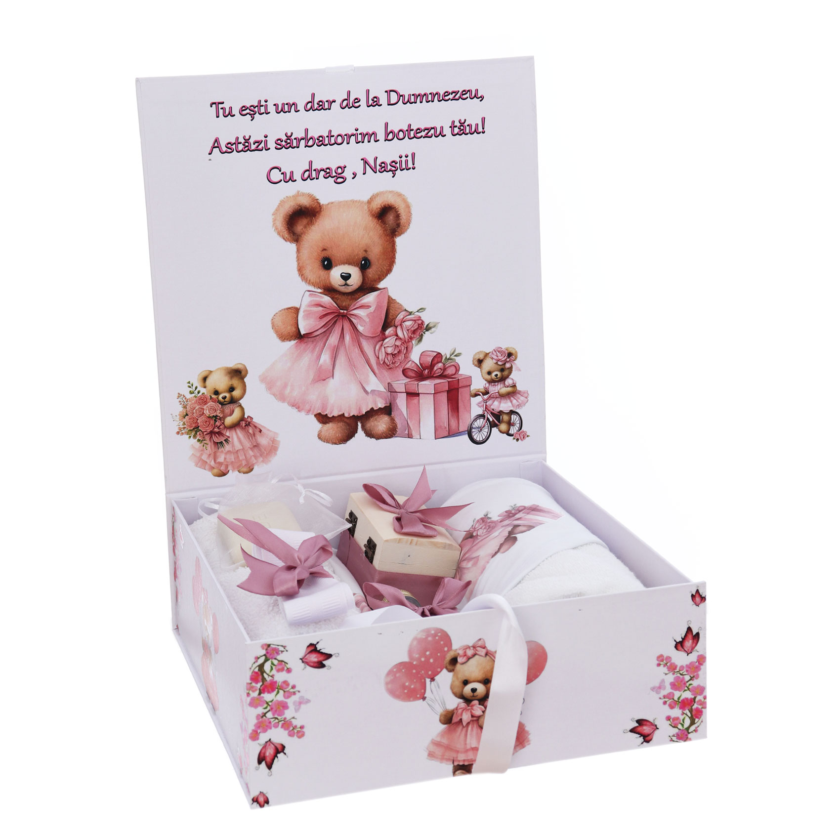 Trusou pentru botez de fete, 8 piese, Model cu Uruslet, roz pudrat, Recostore®, REC3080