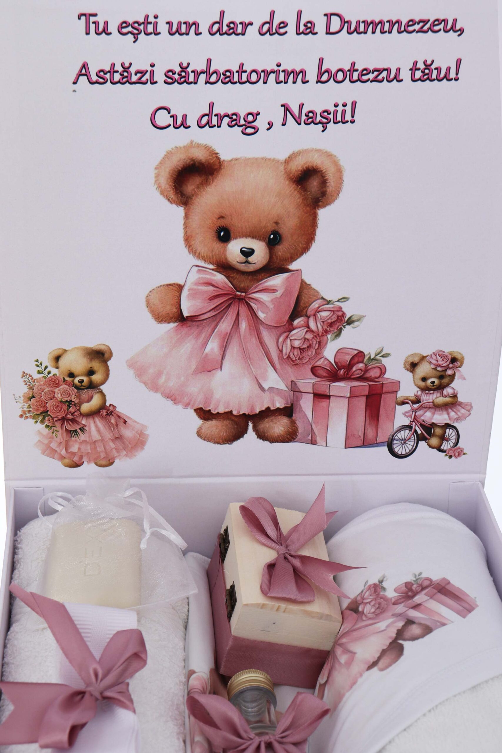 Trusou pentru botez de fete, 8 piese, Model cu Ursulet, roz pudrat, Recostore®, REC3080 - imagine 5