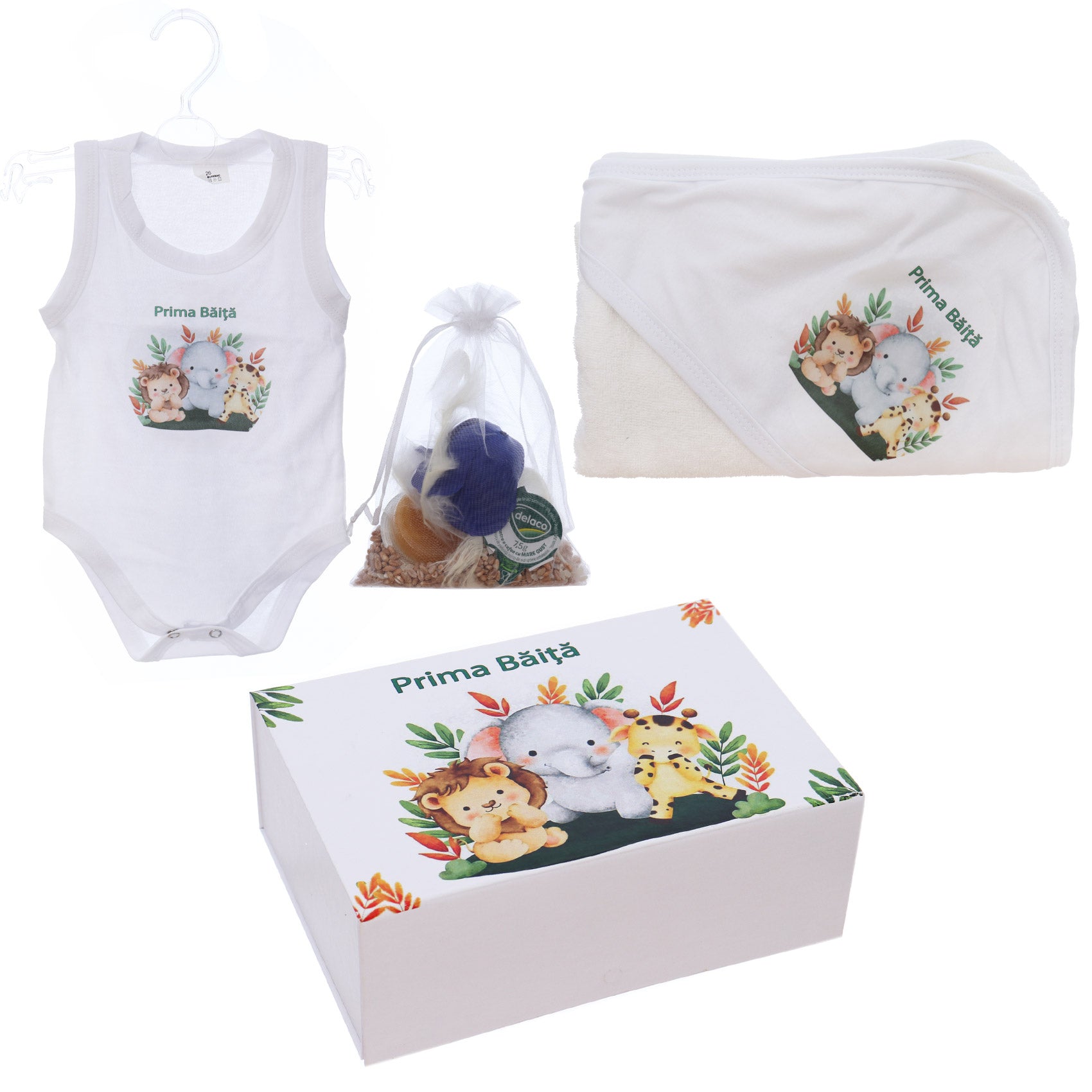 Set prima baita dupa botez cu nasii, body, prosop si saculet cu mirodenii, Model Tip Safari, REC3092