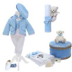 Set botez baieti personalizat cu Ursulet, culoare bleu, Costum, Trusou si Lumanare, REC3211