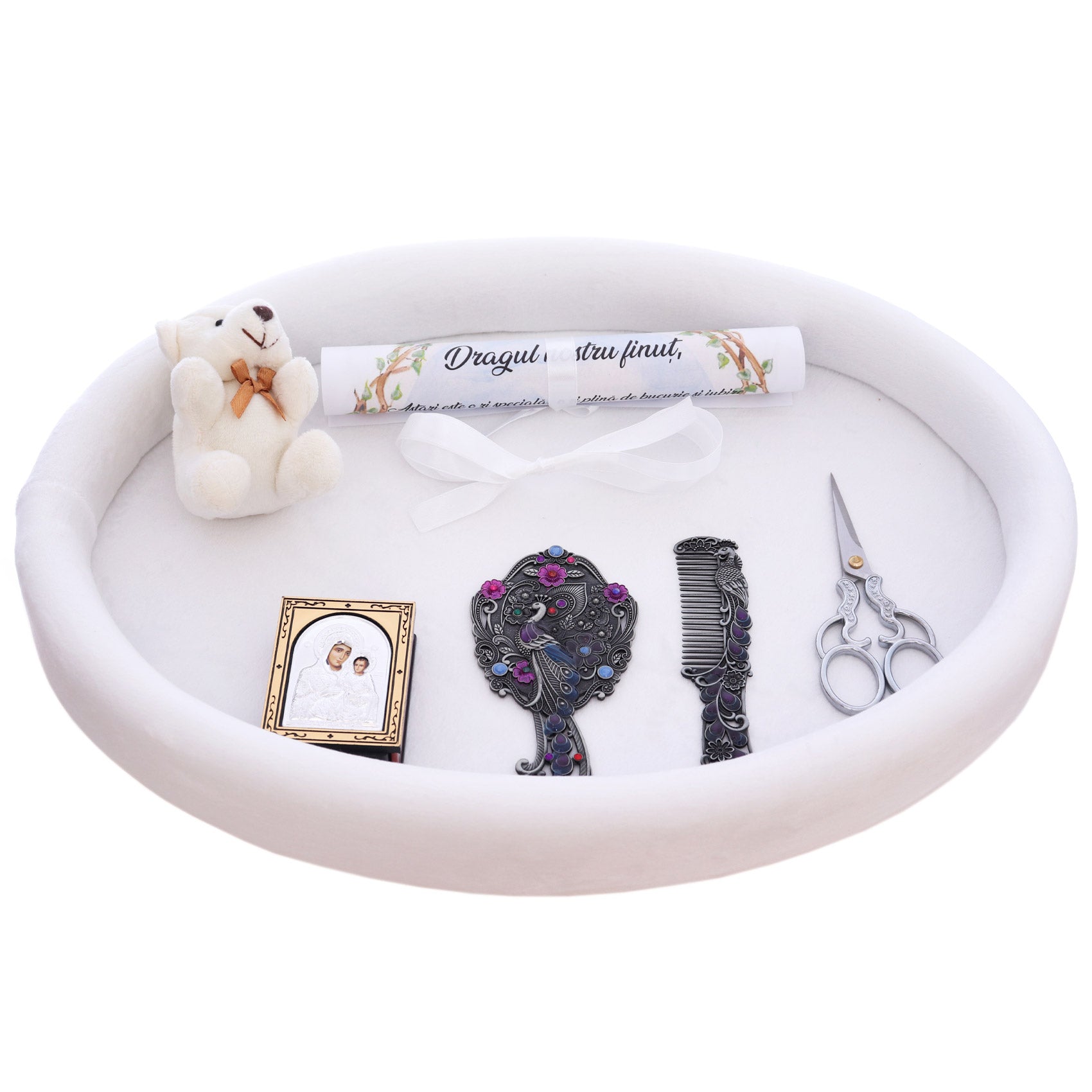 Tavita mot pentru aniversare un an, catifea alba, 8 piese, 43x32 cm, Recostore®, REC5011/6