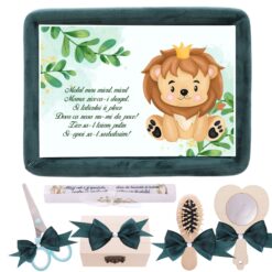 Tava mot baieti, aniversare 1 an, Regele Leu, catifea verde inchis 7 piese, 34x25 cm, REC5011/24