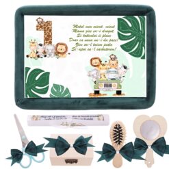 Tava mot baieti, aniversare 1 an, Jungla, Safari, catifea verde inchis 7 piese, 34x25 cm, REC5011/25