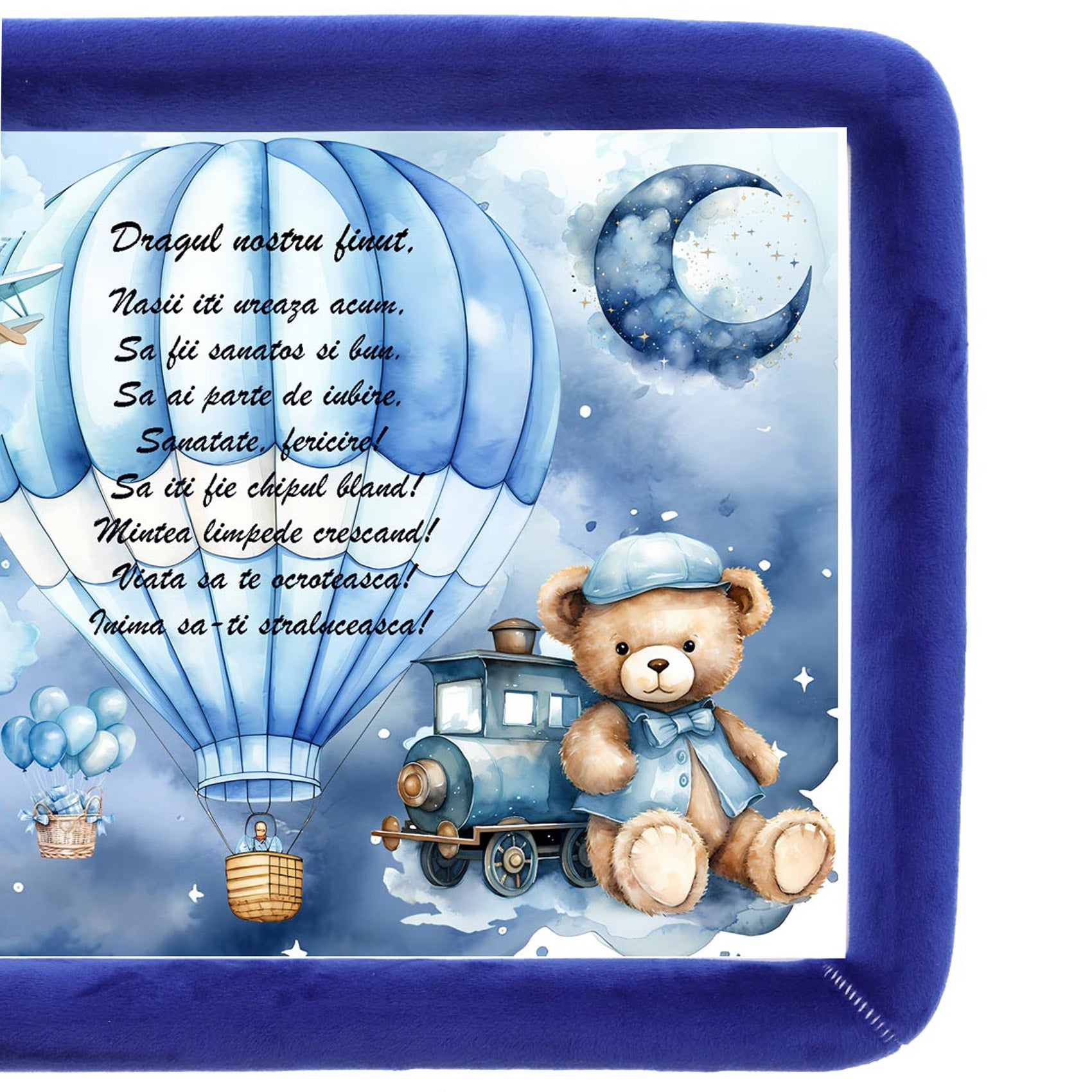 Tava mot aniversare 1 an la baieti, Ursulet aviator, catifea albastru electric, 7 piese, 34x25 cm, REC5011/9 - imagine 3
