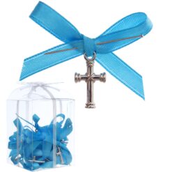 Marturii cruciulite pentru botez, set 20 bucati, funda turcoaz, REC1968/64