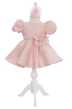 Rochie roz pudrat pentru botez, 2 piese, rochie si bentita,  REC3264