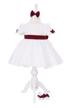 Rochie alb-visiniu cu maneca scurta pentru botez, 3 piese, rochie,  bentita si botosei, REC3297