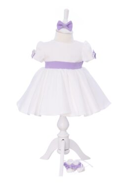 Rochie alb-lila cu maneca scurta pentru botez, 3 piese, rochie,  bentita si botosei, REC3296