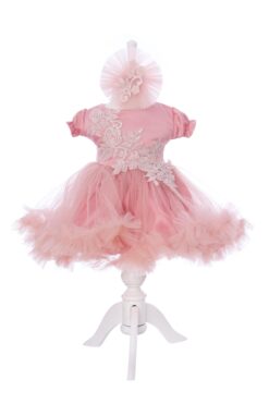 Rochie botez cu maneca scurta, roz pudrat, 2 piese, rochie si bentita, REC3295