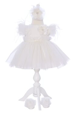 Rochie alba eleganta cu maneca scurta pentru botez fetita, 3 piese, rochie,  bentita si botosei, REC3299
