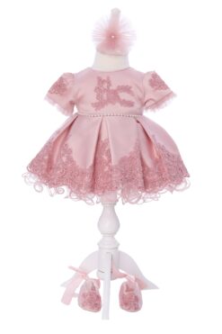 Rochie eleganta cu maneca scurta pentru botez fetita, 3 piese,  rochie, bentita si botosei, REC3298