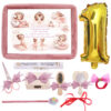 Set turta fete, aniversare 1 an, model balerine, catifea roz pudrat, 10 piese, REC5011/38