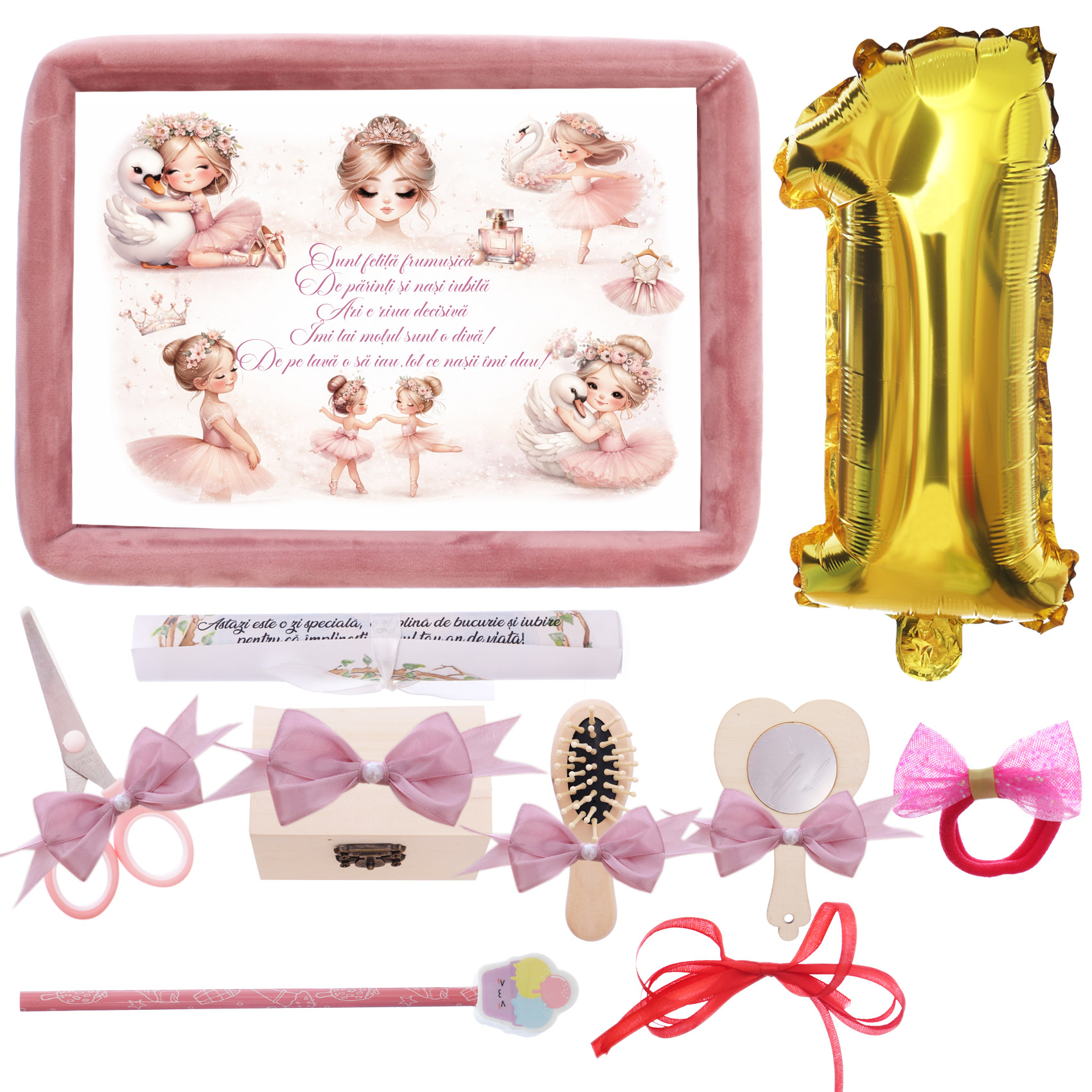 Set turta fete, aniversare 1 an, model balerine, catifea roz pudrat, 10 piese, REC5011/38