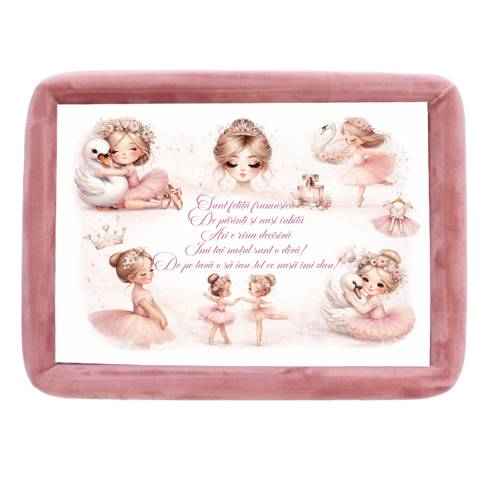 Set turta fete, aniversare 1 an, model balerine, catifea roz pudrat, 10 piese, REC5011/38 - imagine 4