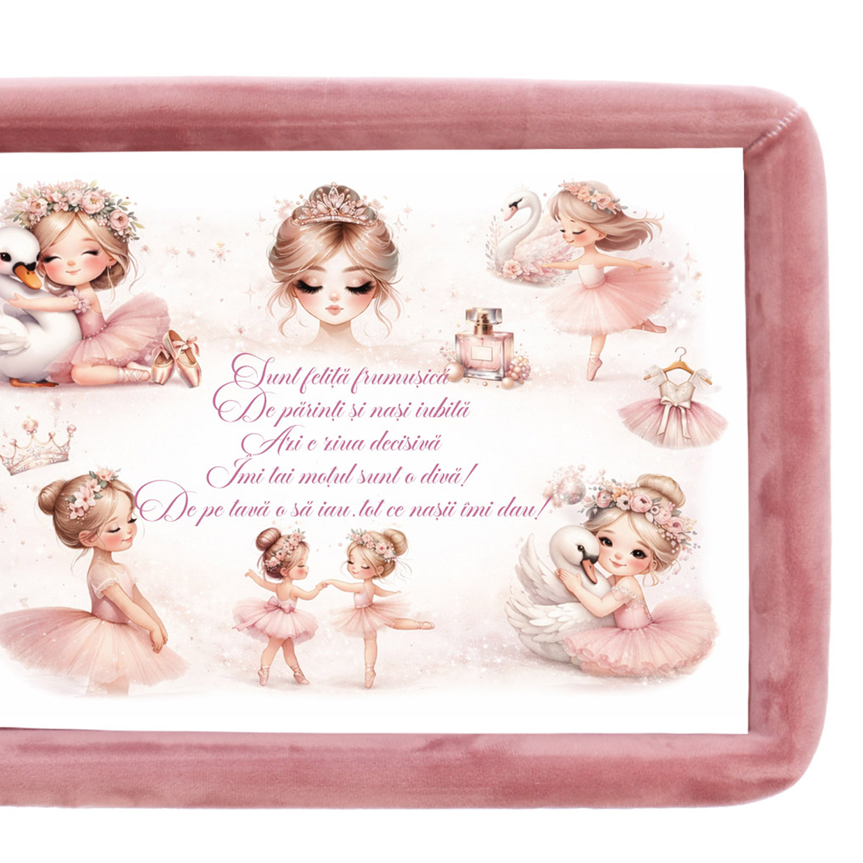 Set turta fete, aniversare 1 an, model balerine, catifea roz pudrat, 10 piese, REC5011/38 - imagine 2