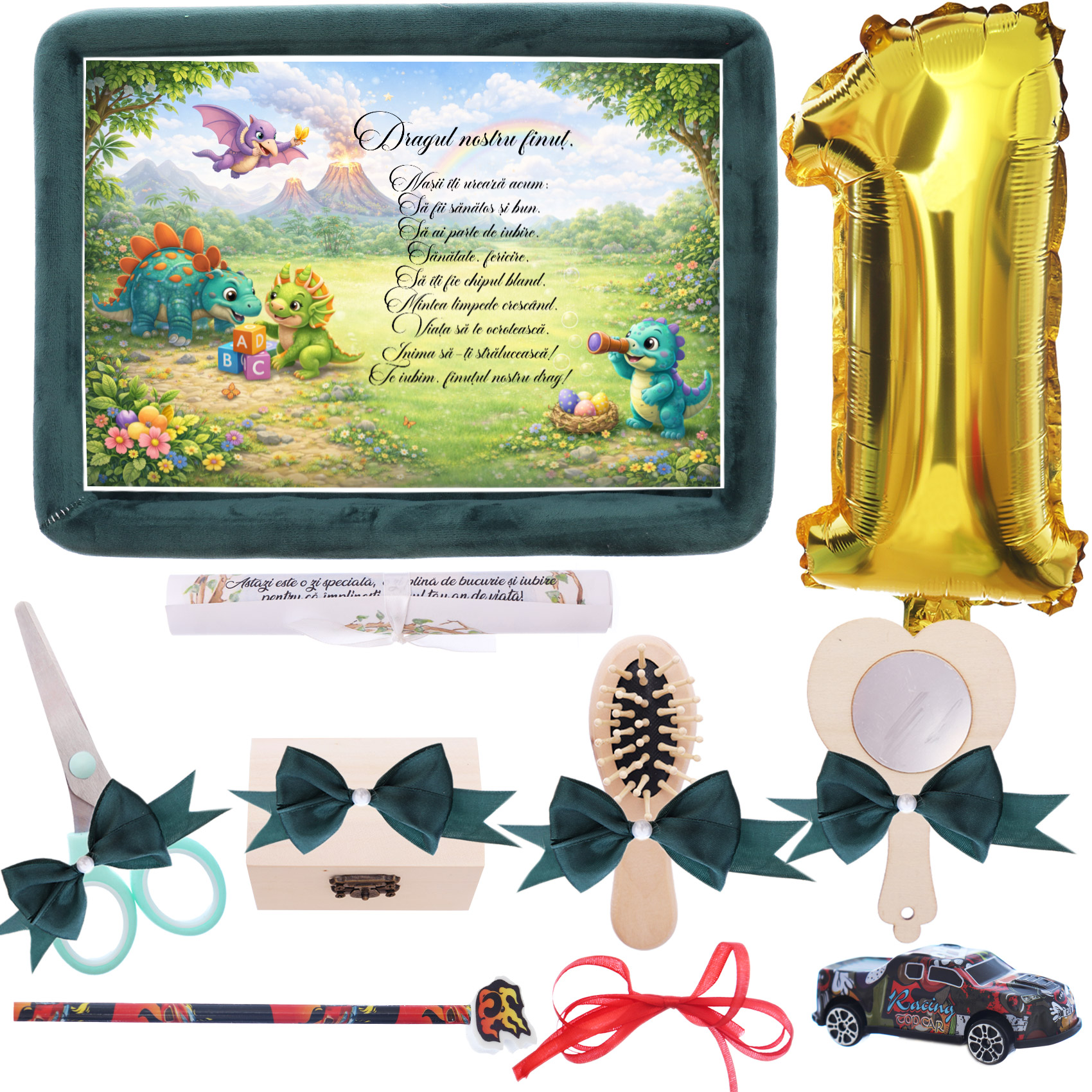 Set tava mot baiat, aniversare 1 an, model dinozauri, catifea verde, 10 piese, REC5011/40