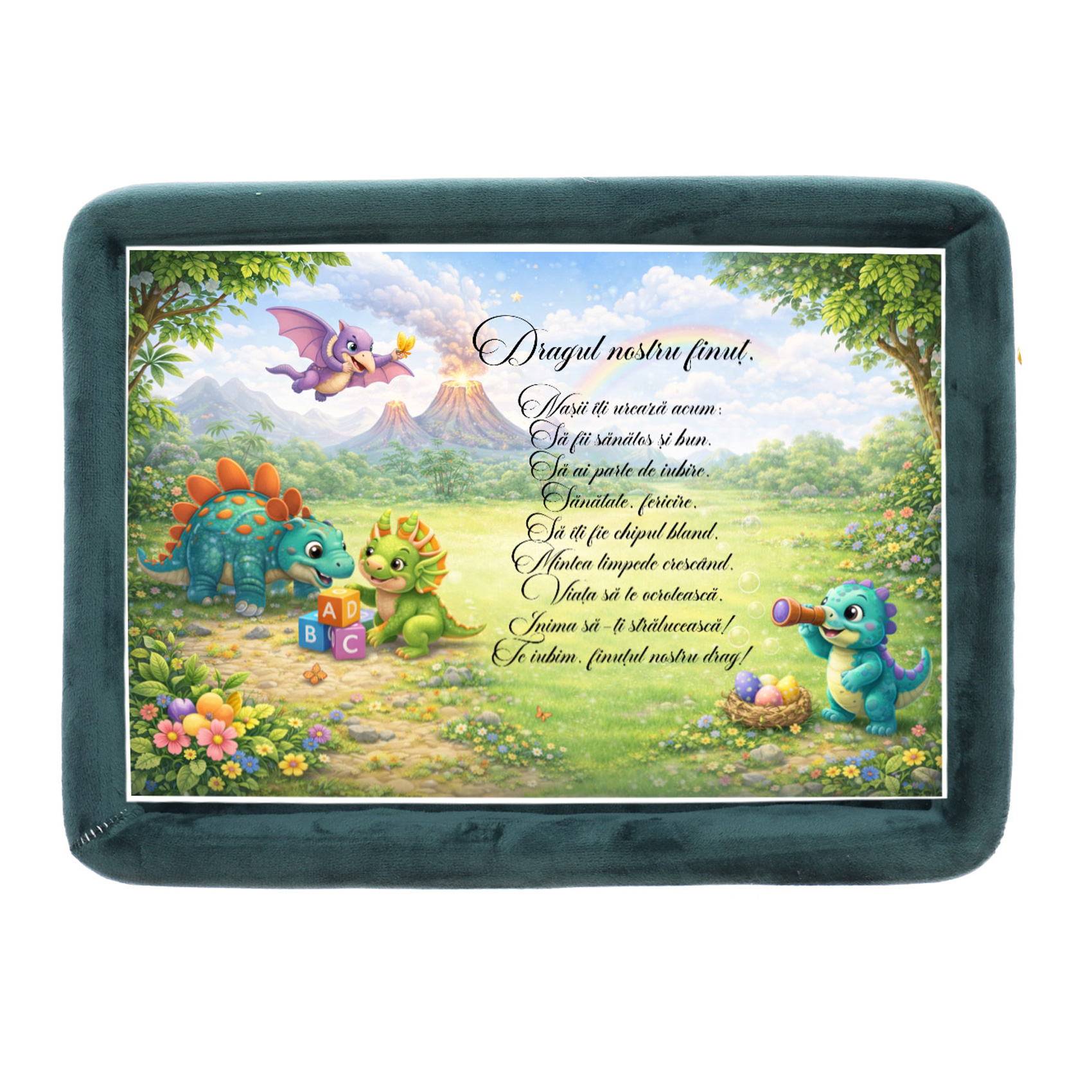 Set tava mot baiat, aniversare 1 an, model dinozauri, catifea verde, 10 piese, REC5011/40 - imagine 4