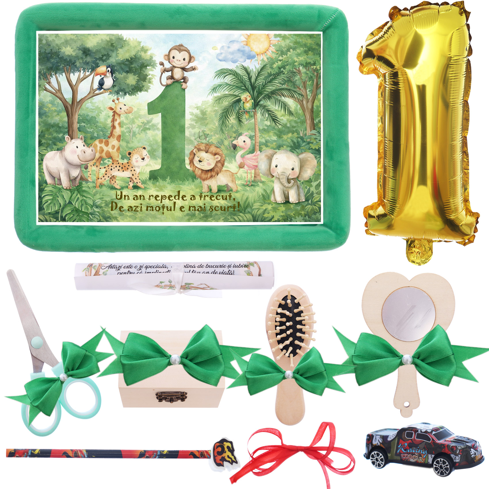 Set tava mot baiat, aniversare 1 an, model safari, catifea verde, 10 piese, REC5011/49
