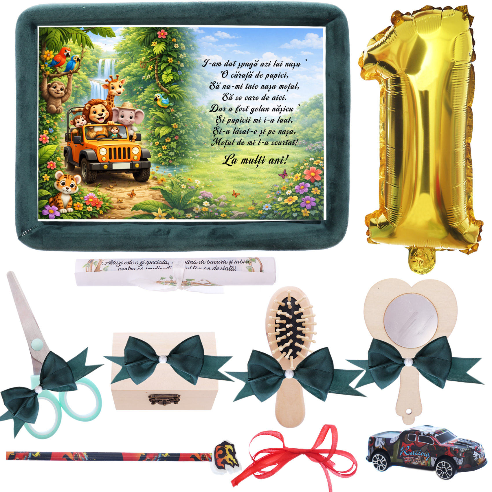 Set tava mot baiat, aniversare 1 an, model safari, catifea verde inchis, 10 piese, REC5011/51