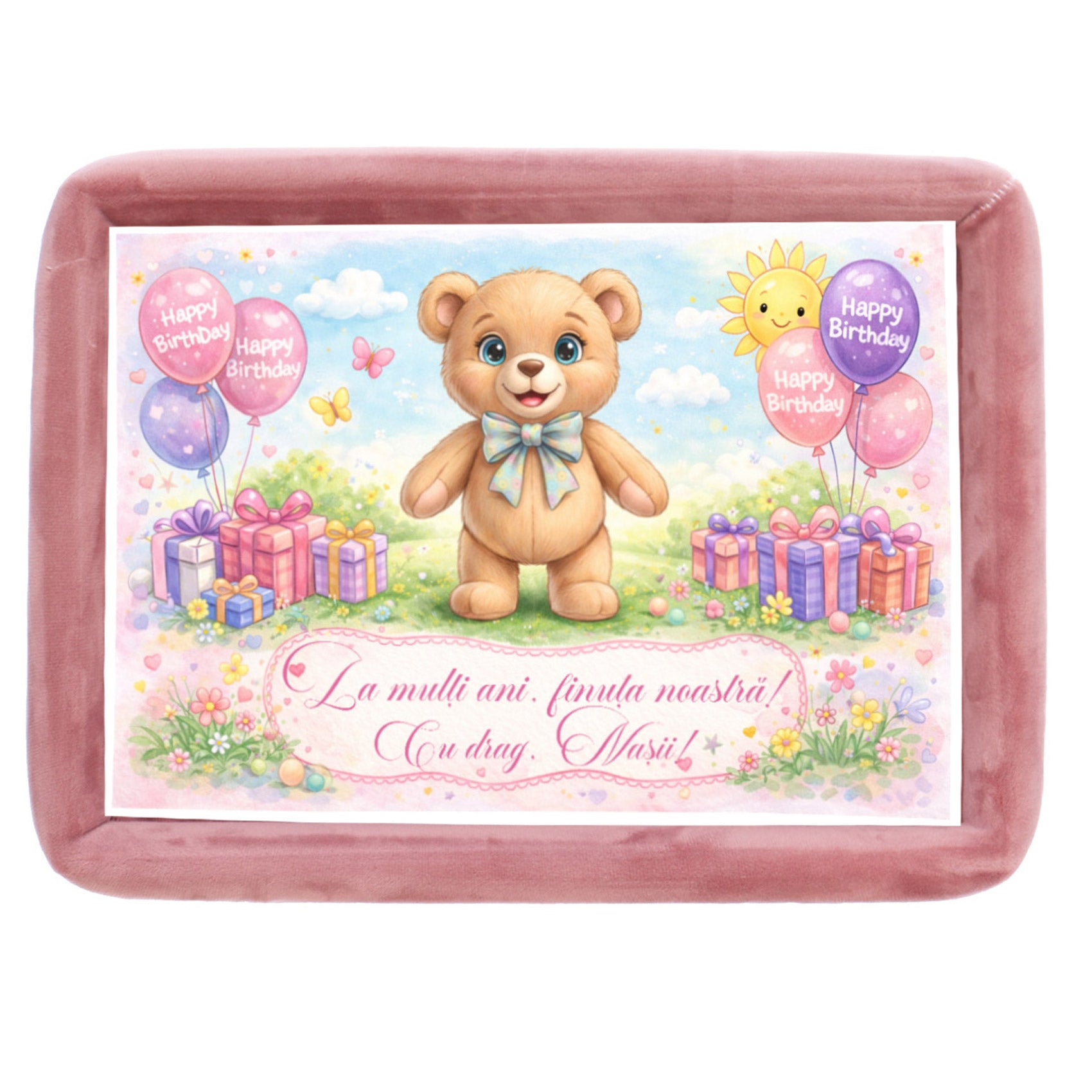 Tava mot fete, aniversare 1 an, model cu Ursulet, catifea roz pudrat, 10 piese, 34x25 cm, REC5011/53 - imagine 2