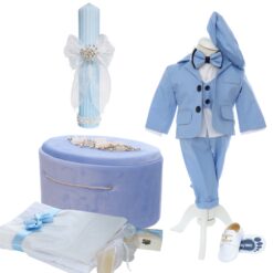 Set trusou elegant pentru  botez baietel, bleu, 16 piese, REC3396