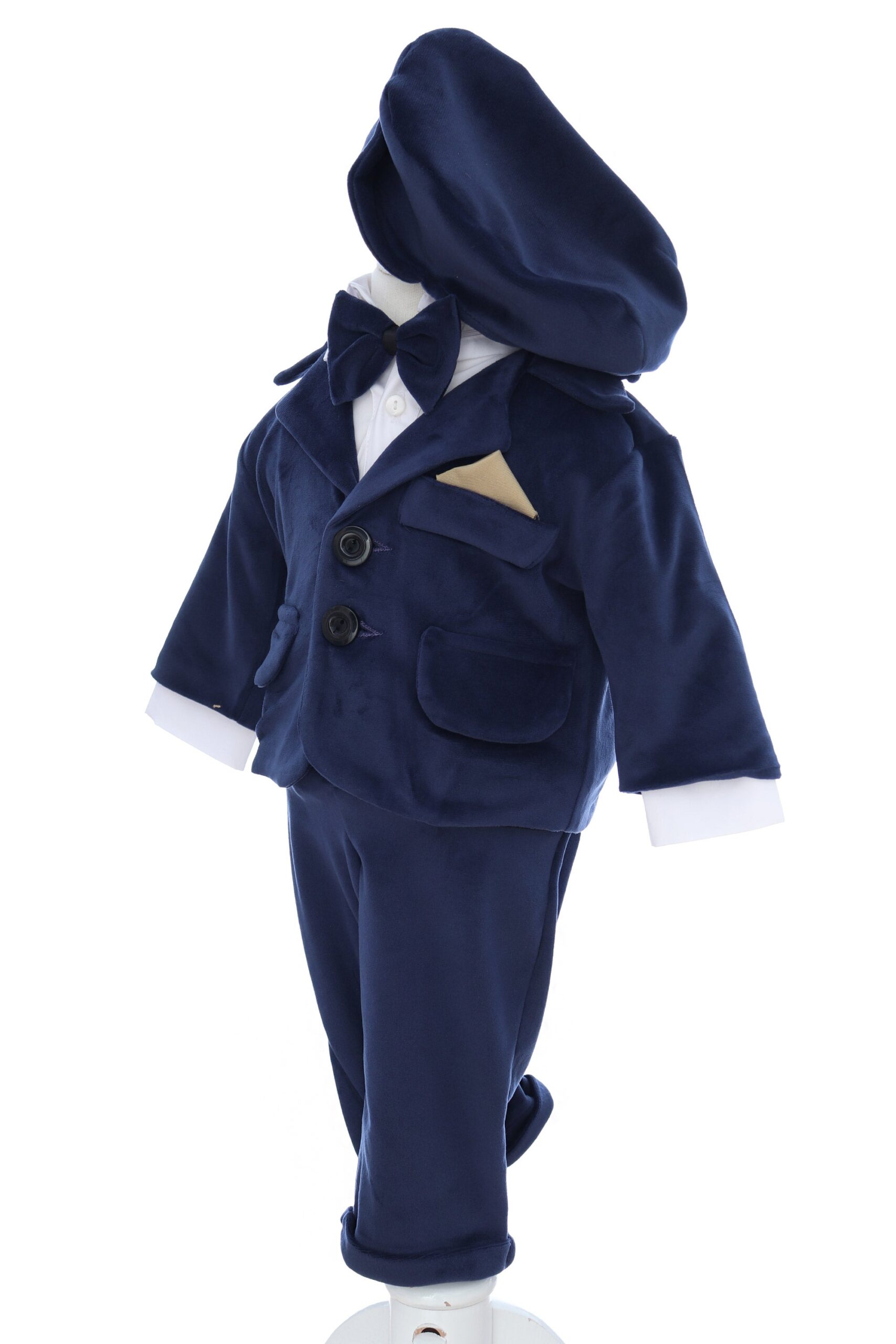 Costum din catifea pentru botez, 5 piese, bleumarin, REC3405