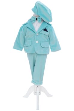 Costum din catifea pentru botez, 5 piese,  verde menta, REC3408