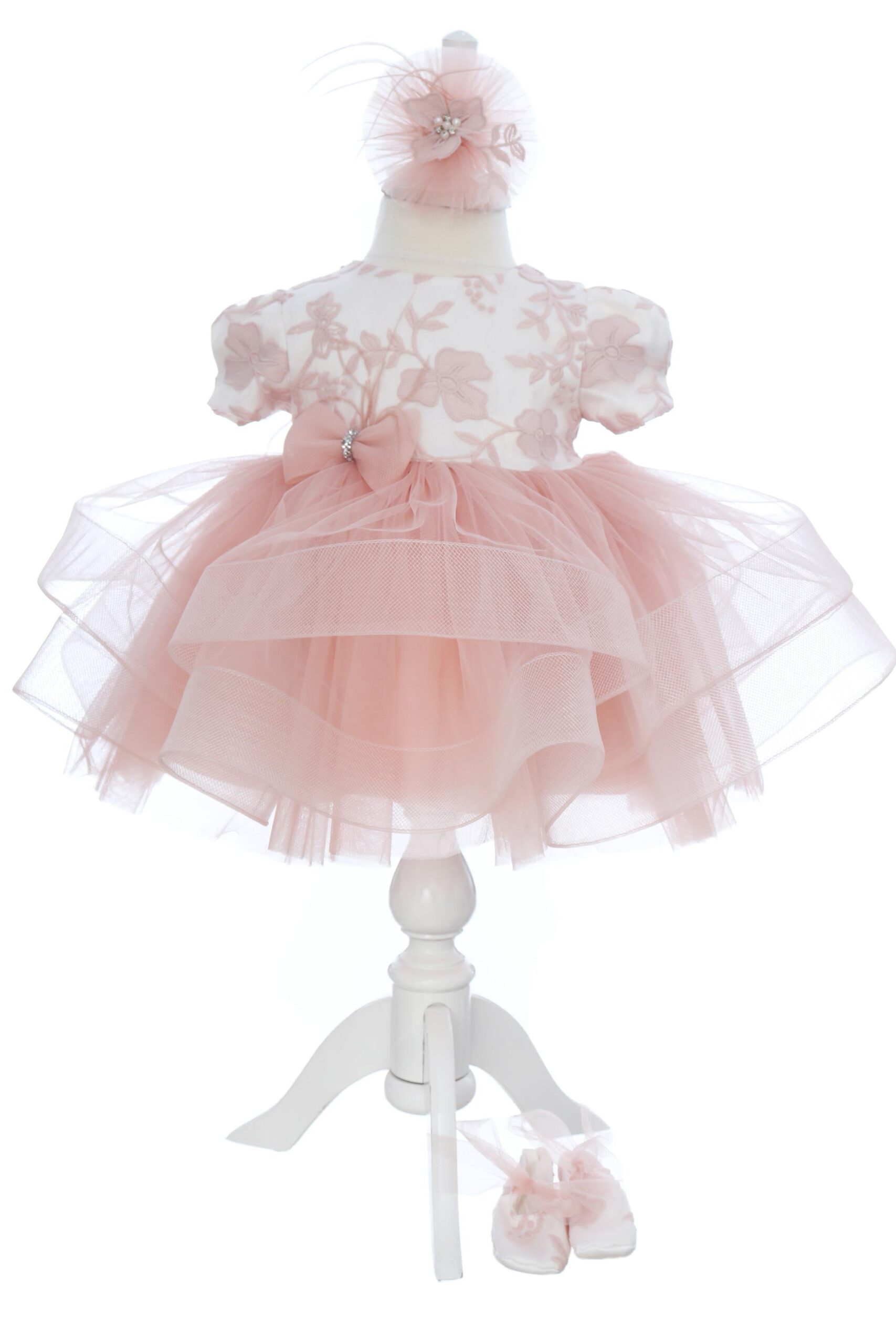 Rochita eleganta pentru botez, 3 piese, rochie, bentita si botosei, REC3448