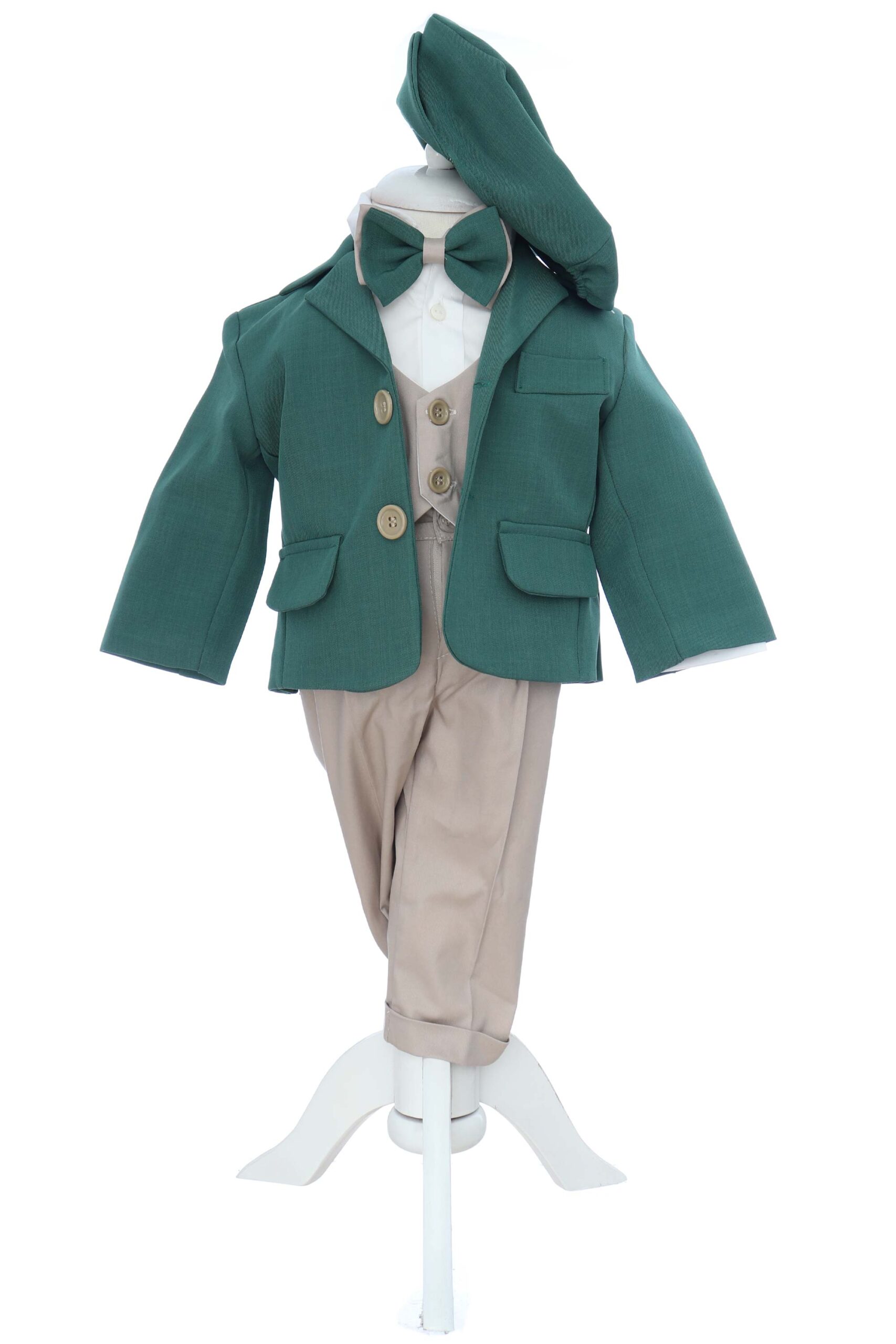 Costum elegant pentru botez, 5 piese, verde-crem, REC3452
