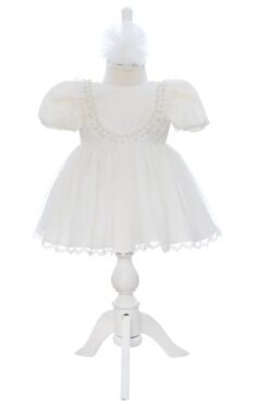 Rochie pentru botez, model cu  buline si perlute, REC3468