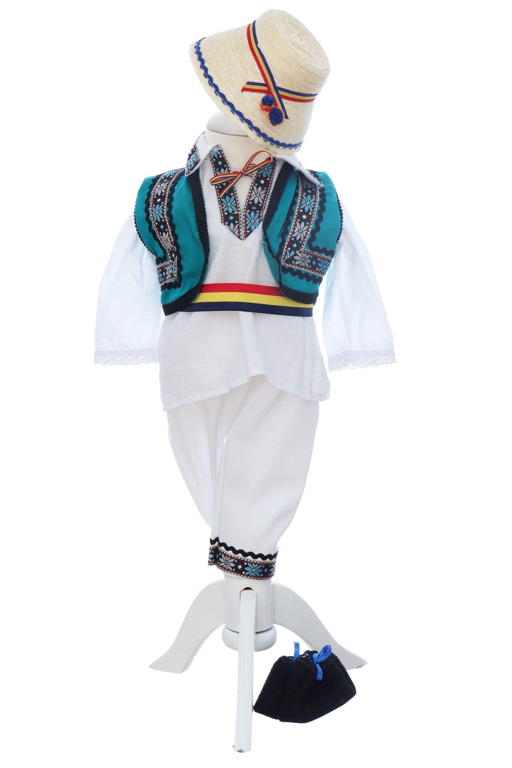 Costumas popular pentru botez baietel, alb-turcoaz, 6 piese, REC3493