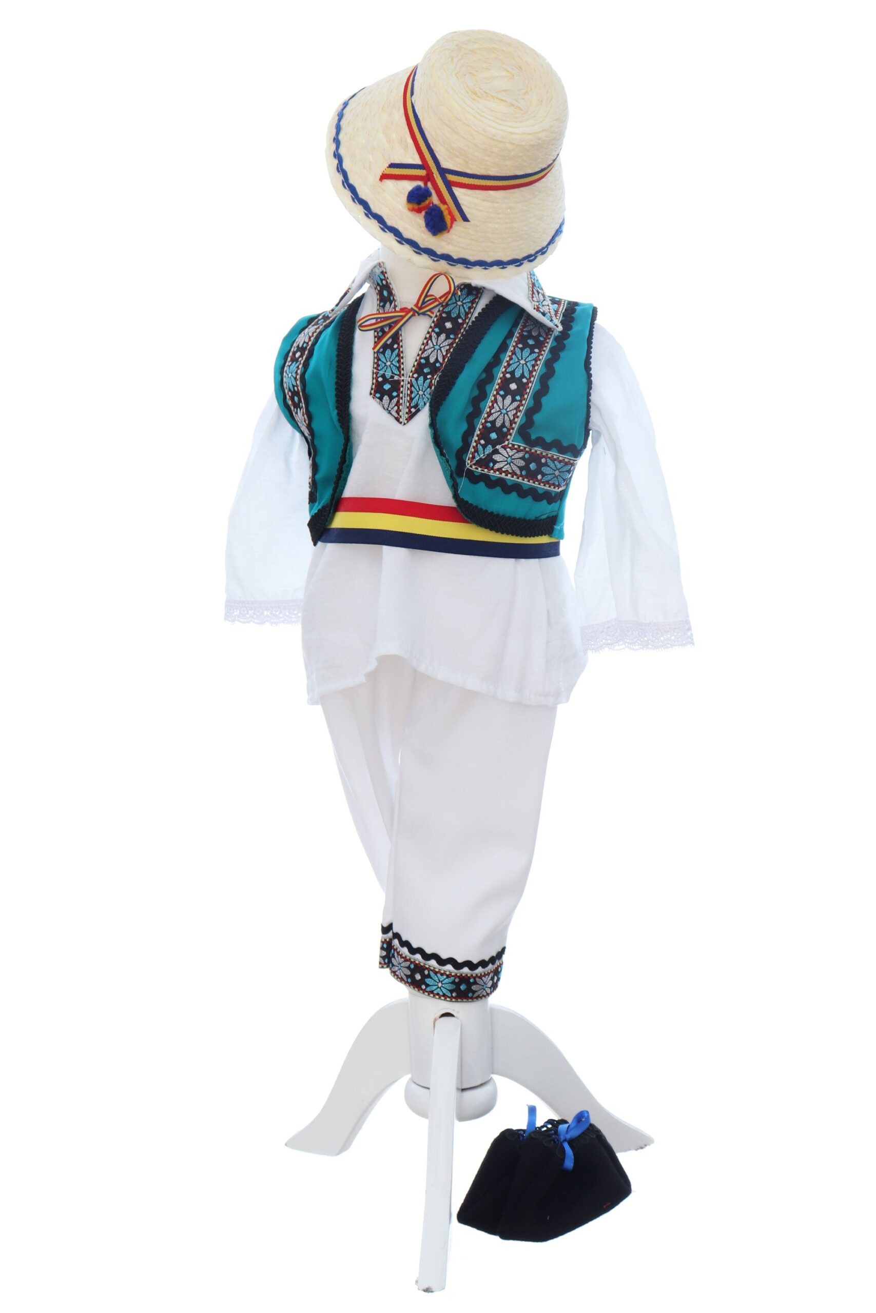 Costumas popular pentru botez baietel, alb-turcoaz, 6 piese, REC3493 - imagine 2