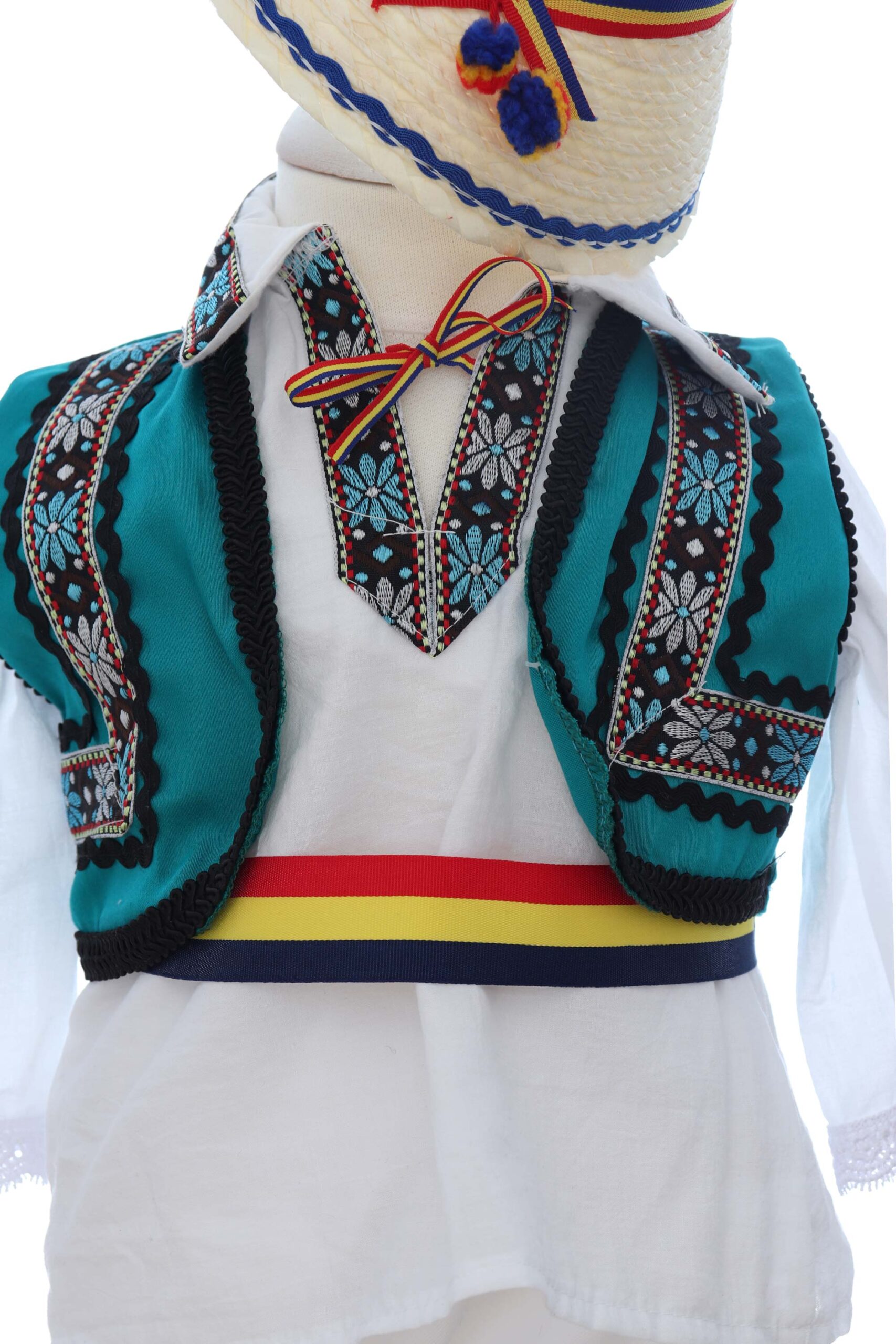 Costumas popular pentru botez baietel, alb-turcoaz, 6 piese, REC3493 - imagine 4
