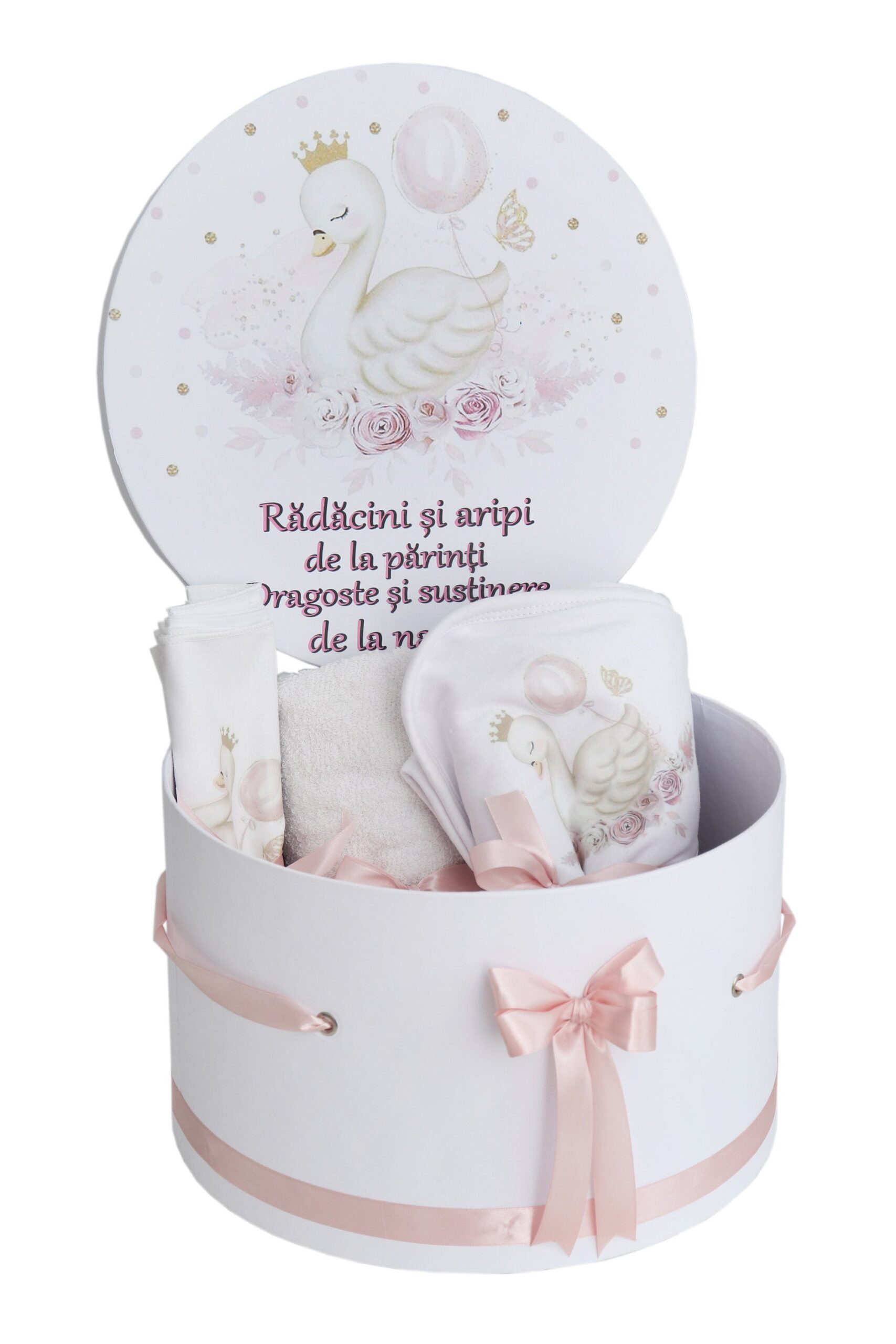 Trusou pentru botez de fete, Model cu Lebada, roz pudrat, 8 piese, Recostore®, REC2624 - imagine 3