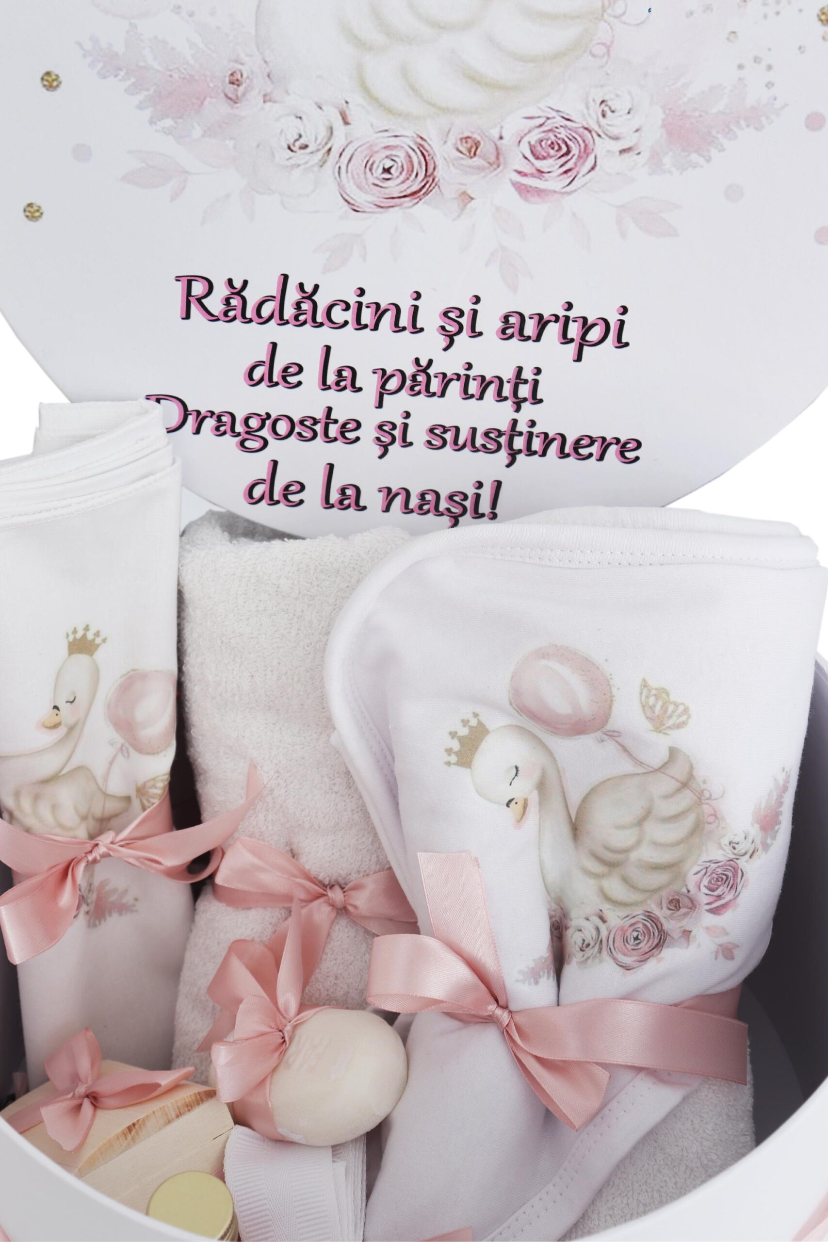 Trusou pentru botez de fete, Model cu Lebada, roz pudrat, 8 piese, Recostore®, REC2624 - imagine 4