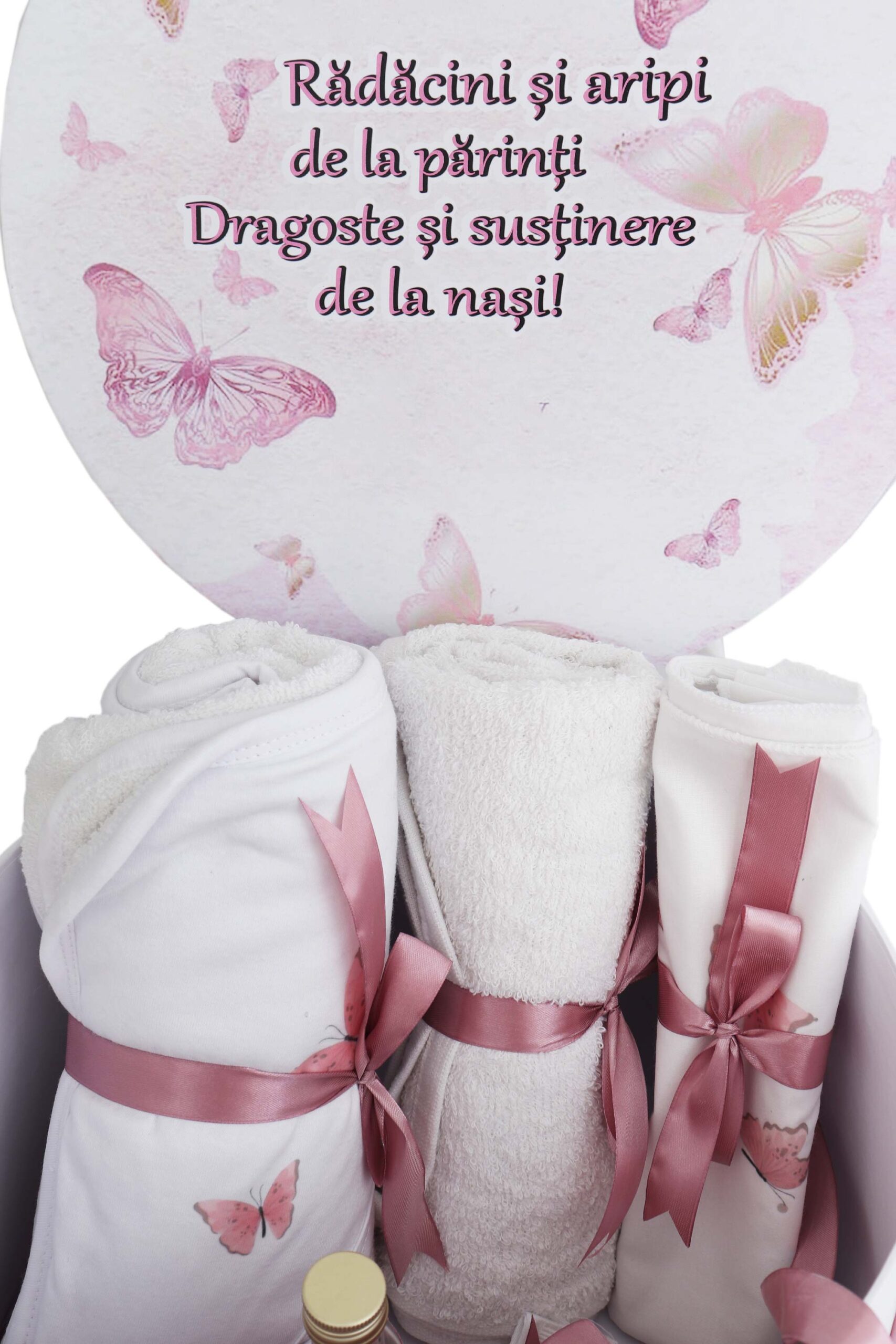 Trusou pentru botez de fete, Model cu fluturi, roz pudrat, 8 piese, Recostore®, REC2623 - imagine 4