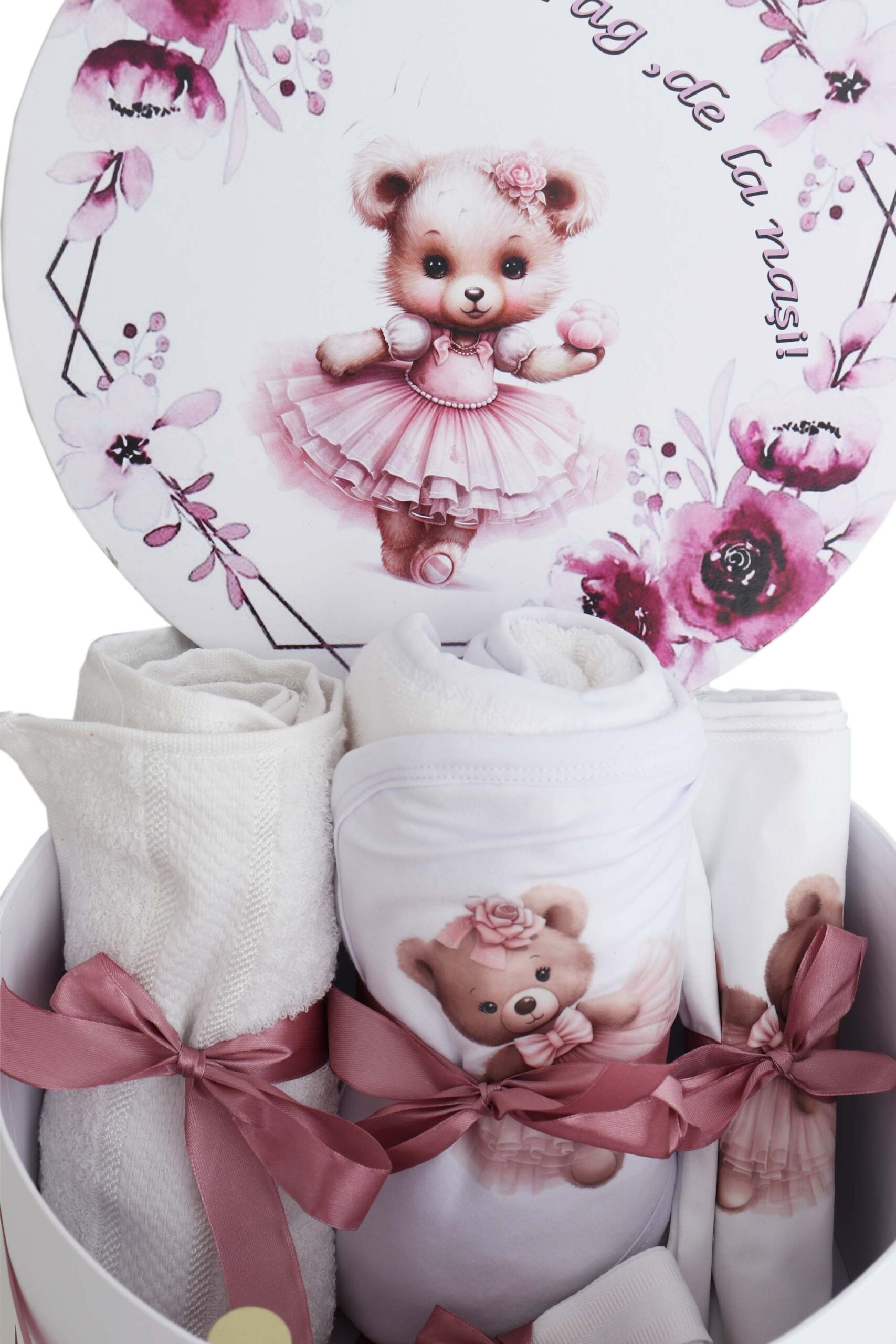 Trusou pentru botez de fete, Model cu Ursulet, roz pudrat, 8 piese, Recostore®, REC2626 - imagine 4