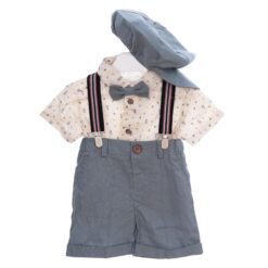 Costum cu maneca scurta pentru botez, gri, 5 piese, camasa, papion, pantaloni, bretele, bascuta pentru baieti, REC3307