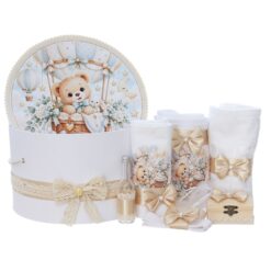 Trusou botez ursulet cu balon, crem, 8 piese, Recostore®, REC3539